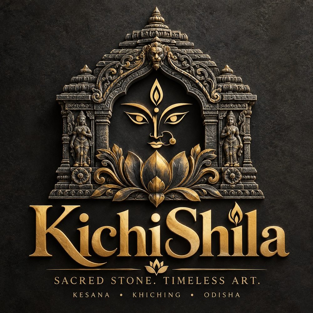 KichiShila artwork: a carved black stone temple with the face of the Devi and a golden lotus